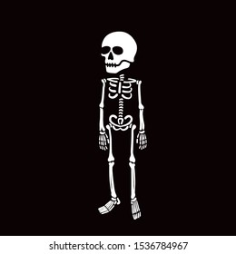 Comic Big Skull Skeleton Standing with His Hands by His Sides Relaxed Pose Single Brush Stroke Style Halloween Holidays Template - White on Black Background - Vector Contrast Graphic Design