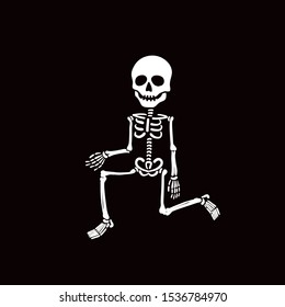 Comic Big Skull Skeleton Standing on One Knee with Asking Hand Single Brush Stroke Style Halloween Holidays Template - White on Black Background - Vector Contrast Graphic Design