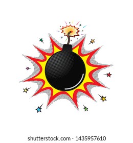 Comic black round bomb with a burning wick and red and orange color explosion with stars, vector. Comic burning bomb boom with wick. Comic bomb explosion,