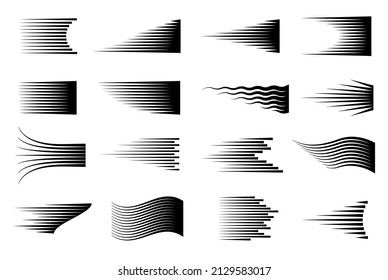 Comic black speed lines. Fast graphics line, manga style gradient motion symbols. Speeding burst elements. Cartoon exact action stripes vector kit