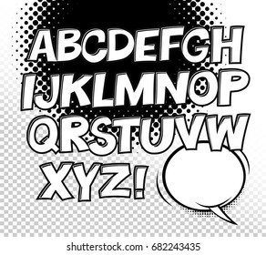 Comic black and white alphabet and speech bubble element. Halftone circle on transparent background. Vector set. Comic text. Vector bubble icon speech phrase. Comics book balloon. Halftone background.