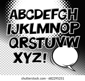 Comic black and white alphabet and speech bubble element. Halftone circle on transparent background. Vector set. Comic text. Vector bubble icon speech phrase. Comics book balloon. Halftone background.