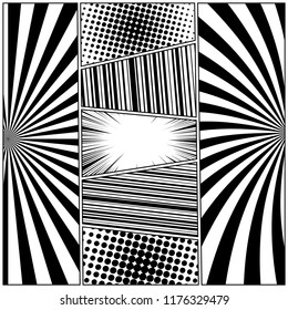 Comic black and white concept with rays slanted lines radial halftone humor effects in monochrome style. Vector illustration