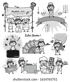 Comic Black and White Female Waitress - Set of Concepts Vector illustrations