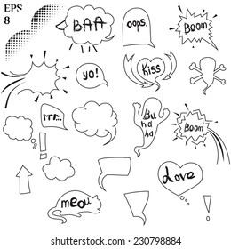 Comic blank Boom. Speech. Space for text. Drawn in chalk on chalkboard. Bubbles icons set. Vector illustration. Eps 8