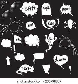Comic blank Boom. Speech. Space for text. Drawn in chalk on chalkboard. Bubbles icons set. Vector illustration. In black color. Eps 8