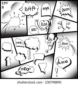 Comic blank Boom. Speech. Space for text. Drawn in chalk on chalkboard. Bubbles icons set. Vector illustration. Halftone image. Eps 8