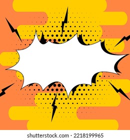 Comic Blank Speech Bubble With Copy Space And Colorful Doodles. Design Of Empty Template In Explosion Framework Representing Social Media Messaging And Connecting.