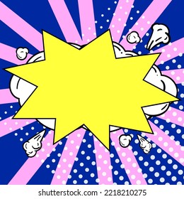 Comic Blank Speech Bubble With Copy Space Over Circular Color Background Design. Empty Template In Explosion Framework Representing Advertisement And Promoting Business.