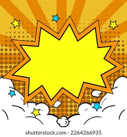 Comic Blank Speech Bubble With Copy Space And Colorful Doodles. Design Of Empty Template In Explosion Framework Representing Social Media Messaging And Connecting.