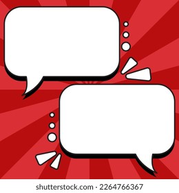 Comic Blank Speech Bubble With Copy Space And Colorful Doodles. Design Of Empty Template In Explosion Framework Representing Social Media Messaging And Connecting.