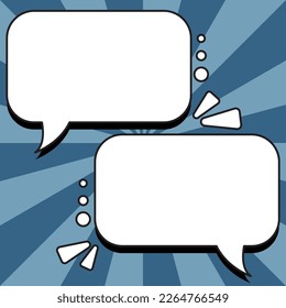 Comic Blank Speech Bubble With Copy Space And Colorful Doodles. Design Of Empty Template In Explosion Framework Representing Social Media Messaging And Connecting.