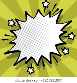 Comic Blank Speech Bubble With Copy Space Over Color Background Design. Empty Template In Explosion Framework Representing Advertisement And Promoting Business.