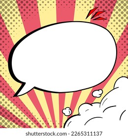 Comic Blank Speech Bubble With Copy Space And Colorful Doodles. Design Of Empty Template In Explosion Framework Representing Social Media Messaging And Connecting.