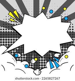 Comic Blank Speech Bubble With Copy Space And Colorful Doodles. Design Of Empty Template In Explosion Framework Representing Social Media Messaging And Connecting.