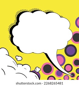 Comic Blank Speech Bubble With Copy Space And Colorful Doodles. Design Of Empty Template In Explosion Framework Representing Social Media Messaging And Connecting.