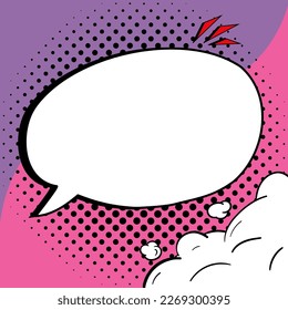 Comic Blank Speech Bubble With Copy Space And Colorful Doodles. Design Of Empty Template In Explosion Framework Representing Social Media Messaging And Connecting.