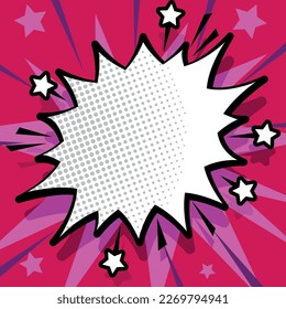 Comic Blank Speech Bubble With Copy Space And Colorful Doodles. Design Of Empty Template In Explosion Framework Representing Social Media Messaging And Connecting.