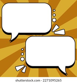 Comic Blank Speech Bubble With Copy Space And Colorful Doodles. Design Of Empty Template In Explosion Framework Representing Social Media Messaging And Connecting.