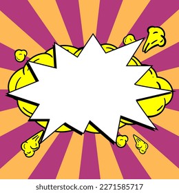 Comic Blank Speech Bubble With Copy Space And Colorful Doodles. Design Of Empty Template In Explosion Framework Representing Social Media Messaging And Connecting.