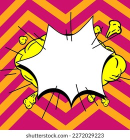 Comic Blank Speech Bubble With Copy Space And Colorful Doodles. Design Of Empty Template In Explosion Framework Representing Social Media Messaging And Connecting.