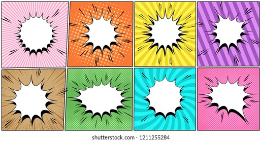 Comic blank speech bubbles collection with sound slanted lines radial rays and halftone humor effects in different colors. Vector illustration