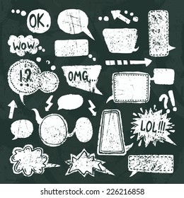 Comic blank text speech bubbles chalkboard decorative icons set vector illustration