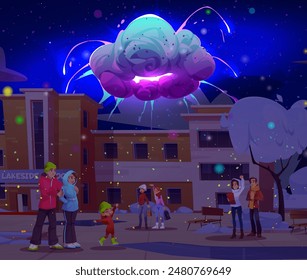 Comic blast with magic smoke near building and people cartoon illustration. Explosion cloud after fantasy energy boom in city on street. Alien shot puff with glitter from sky background scene.