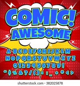 Comic blue alphabet set. Letters, numbers and figures for kids' illustrations, websites, comics, banners.