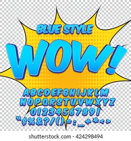 Comic blue alphabet set. Letters, numbers and figures for kids' illustrations, websites, comics, banners.
