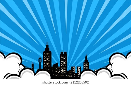 Comic Blue Background with City Silhouette and cloud