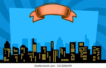 Comic blue background with city silhouette