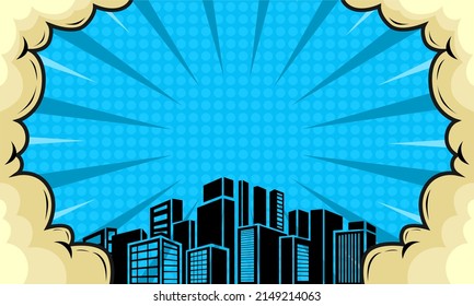 fondo azul cómico con silueta de ciudad