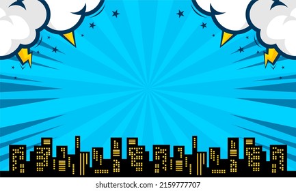 Fondo azul cómico con silueta de ciudad e ilustración de nube