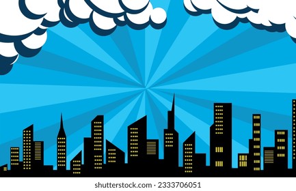 Comicblauer Hintergrund mit Stadtsilhouette und Wolkengrafik