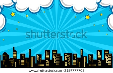 Comic blue background with city silhouette and cloud illustration