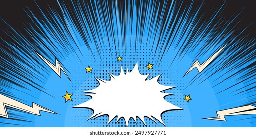 Comic blue background in pop art style, retro dot halftone with blank speech bubble stripes yellow star