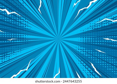 Comic blue Background With Power Fx Illustration of a powerful comics like page layout background with rays and halftone dots	