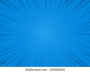 Comic blue background radial speed lines anl halftone dots for comic books. Explosion background.Vector illustration.