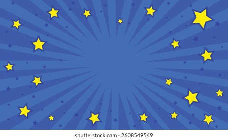 Comic blue beam lines. blue sunburst with yellow stars. . sunburst background. pop art comic background
