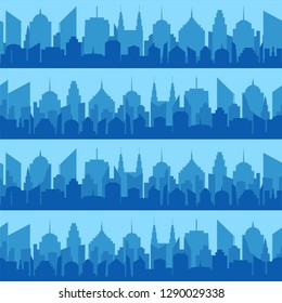 Comic blue cityscape seamless pattern with blue city silhouette in pop art style. Vector illustration