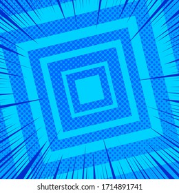 Comic blue geometric background with squares rays and halftone effects. Vector illustration