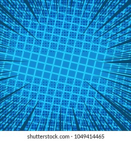 Comic blue page template with dark rays grid pattern and halftone effects. Vector illustration