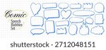 Comic blue pencil speech bubbles with funky crayon line text boxes for notes. Vector kids elements with hearts, flames, rectangles. Empty note shapes and pen charcoal doodles for text.