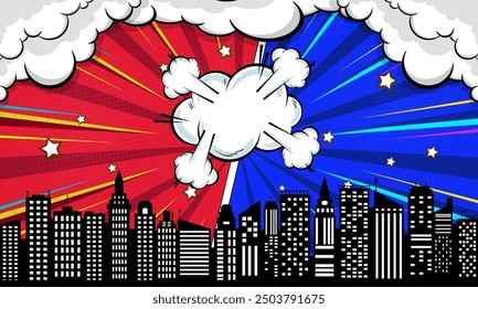 Comic blue and red background with city silhouette and cloud illustration