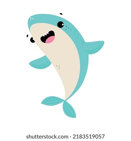 Comic Blue Shark con aletas como animal marino sonriendo y flotando en la ilustración del vector oceánico