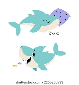 Comic Blue Shark with Fins as Marine Animal Sleeping on Pillow and Swallowing Fish Vector Set