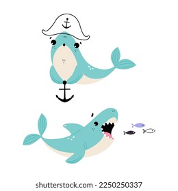 Comic Blue Shark with Fins as Marine Animal Swallowing Fish and with Anchor Vector Set