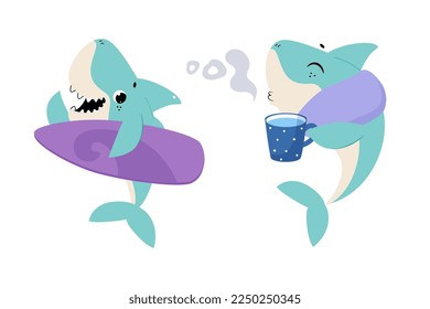 Comic Blue Shark with Fins as Marine Animal with Surfboard and with Mug Drinking Tea Vector Set