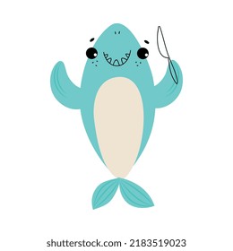 Comic Blue Shark as Marine Animal Holding Knife Ready to Eat Vector Illustration